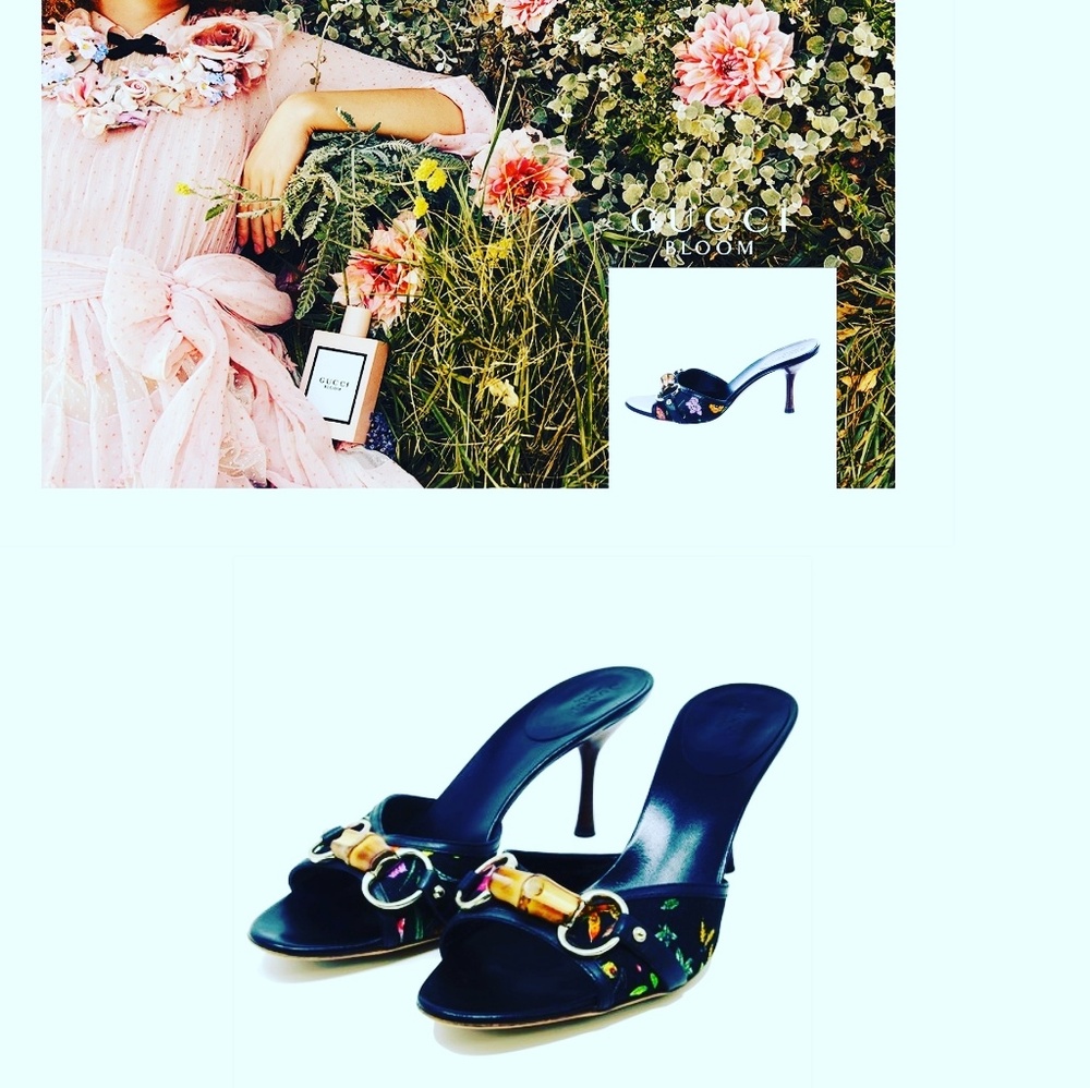 GUCCI BLACK FLORAL CANVAS BAMBOO HORSEBIT HEELS 9 - Picture 1 of 8